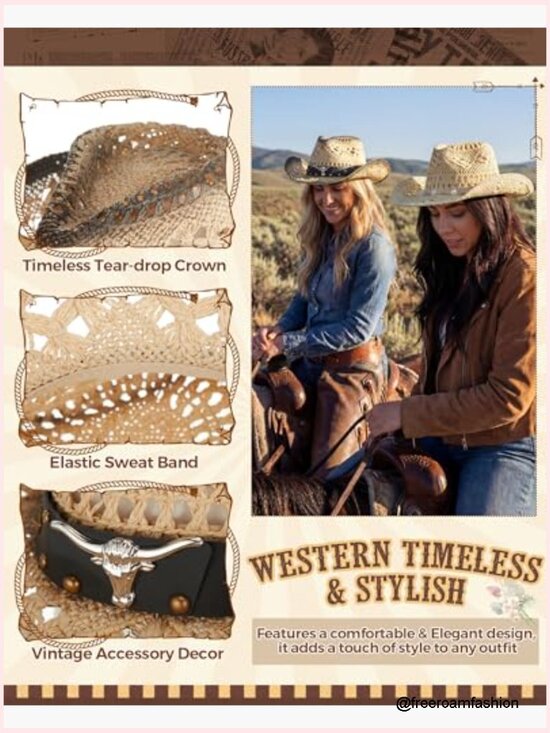 Straw Cowboy Hat Set with Shapeable Brim & Concho Belts main image 7